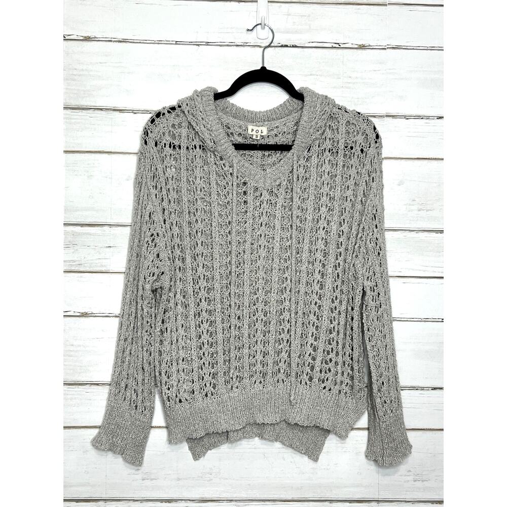 POL Open Knit Hooded Sweater Small Gray Boho Crochet Lightweight Top
